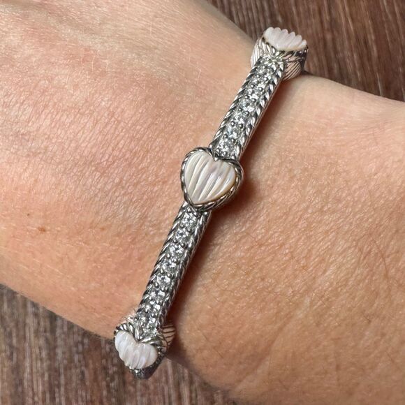 JUDITH RIPKA Sterling Silver Cuff Bracelet Pink Mother of Pearl Heart & CZ, MOP - Picture 11 of 14